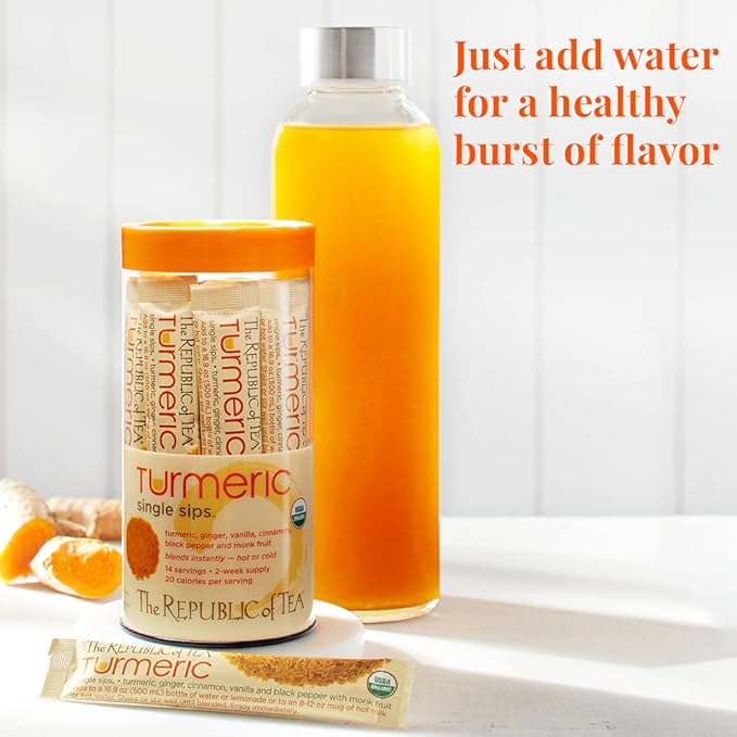The Republic of Tea Organic Turmeric Single Sips, 50 Single Servings of Instant Turmeric Tea