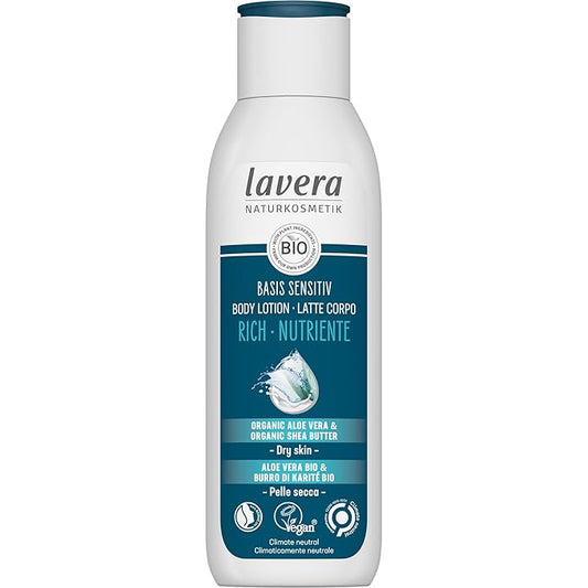 lavera basis sensitiv Body Milk Rich - organic aloe vera & organic shea butter - 24 h intensive moisturizing care - PETA certified - biodegradable - vegan - natural cosmetics - 8,45 fl.oz.