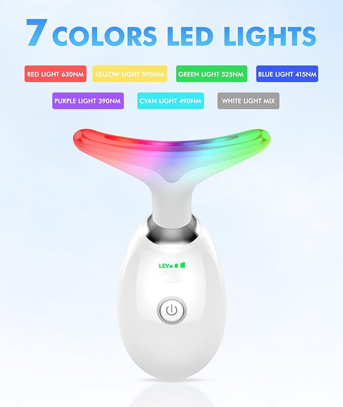 Red-Light-Therapy-for-Face-and-Neck, 7 Color Face Massager Tool for Wrinkles, Double Chin, Vibrating Facial Massager with Thermals for Skin Care, Glossy White