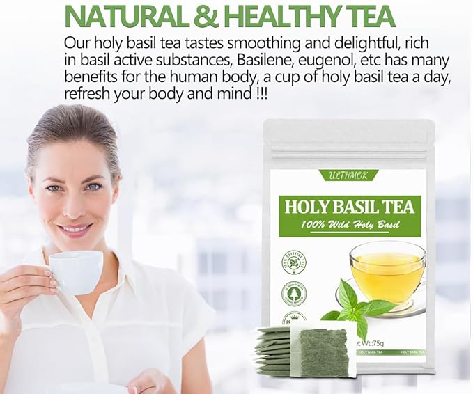 Premium 50 Holy Basil Tea Bags, Made with 100% Natural Tulsi Wild Holy Basil Leaves, No Additives & Caffeine Free.