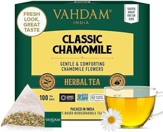 VAHDAM, Chamomile Herbal Tea (100 Pyramid Tea Bags) Resealable Ziplock Pouch | Caffeine Free, Non GMO, Gluten Free | 100% Pure Tisane - Sweet & Floral | Made With Natural Chamomile Flowers