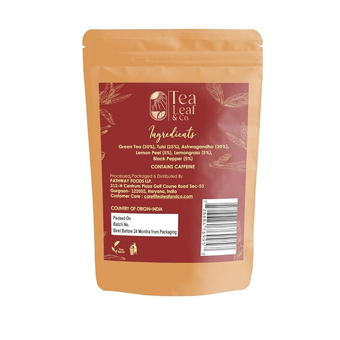 Tealeaf & Co. Tulsi Holy Basil Ashwagandha Green Tea Loose Leaf with Lemon Peel, Lemongrass & Black Pepper - Tulsi Tea with Fresh Herbs and Spices - 50 Servings, Gluten Free (3.52oz/100gm)