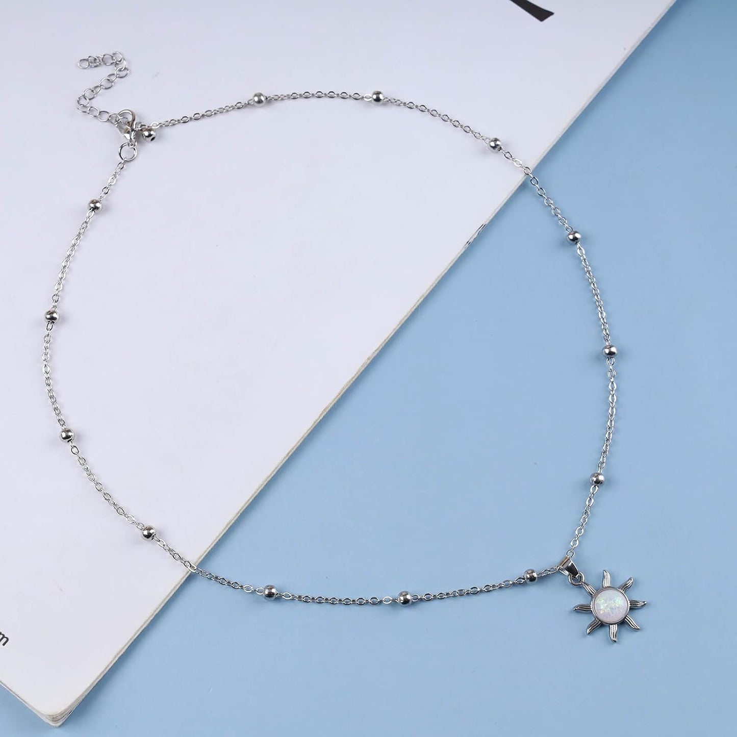 Vintage Opal Crystal Sun Pendent Necklace Opal Sunburst Necklace Moonstone Sun Choker Necklace Gold Ball Chain Necklace Jewelry for Women (Gold)