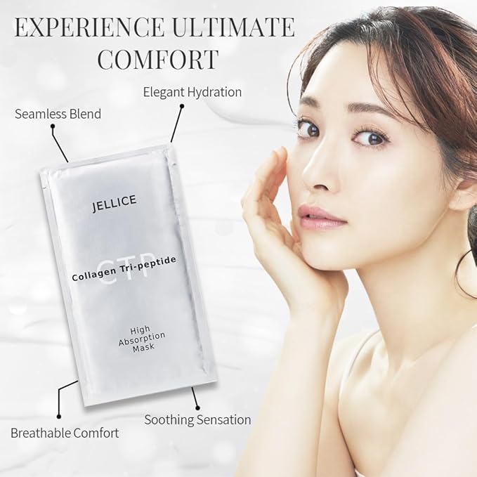 High Absorption Collagen Face Mask for Women - Face Sheet Mask for All Skin Types with Collagen Tripeptides for Deep Hydration & Enhanced Elasticity - Japanese Cosmetics - 20ml × 4 Sheets