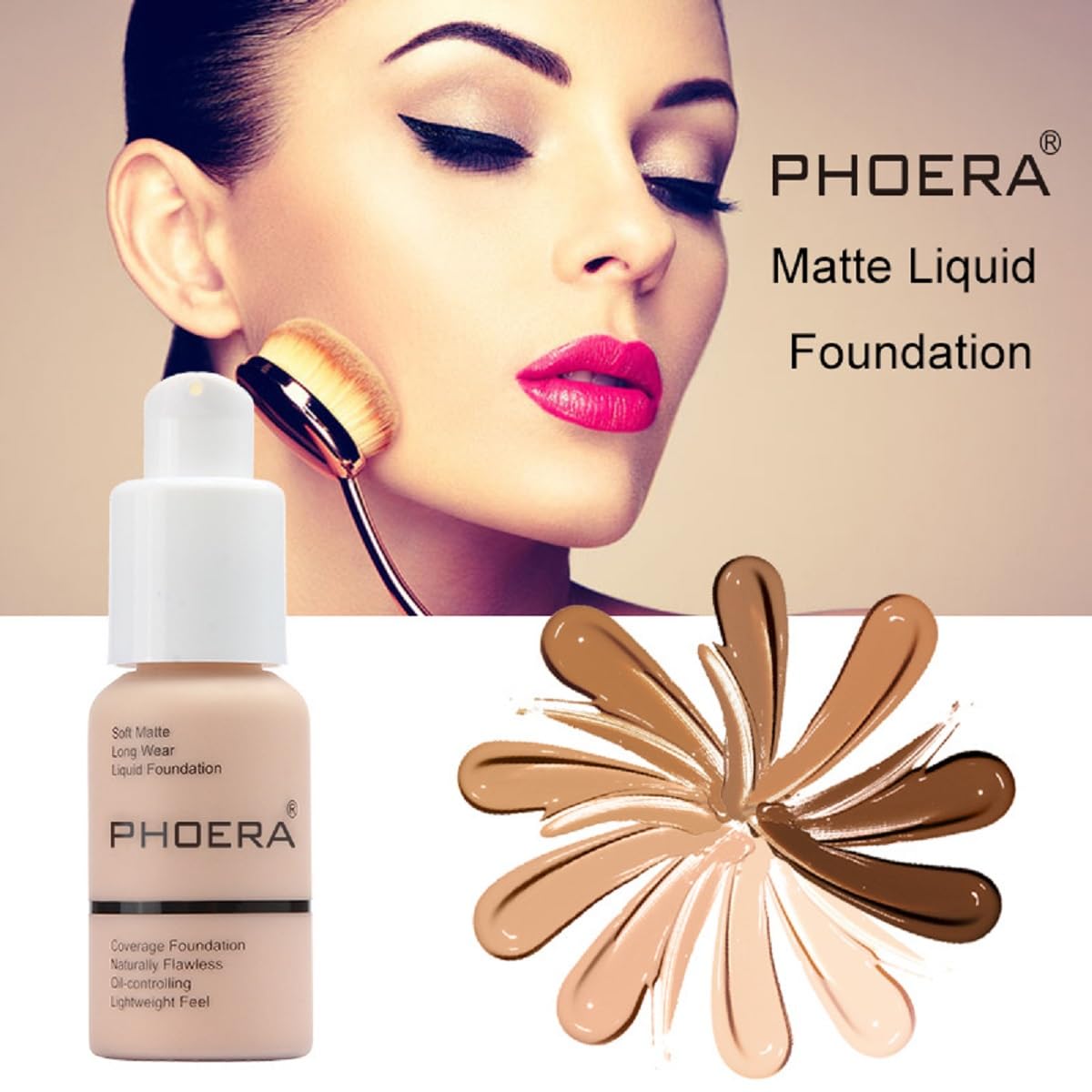 2 Pack PHOERA Foundation 101- Porcelain and102- Nude, Flawless Soft Matte Liquid Foundation 24 HR Oil Control Concealer Foundation Makeup