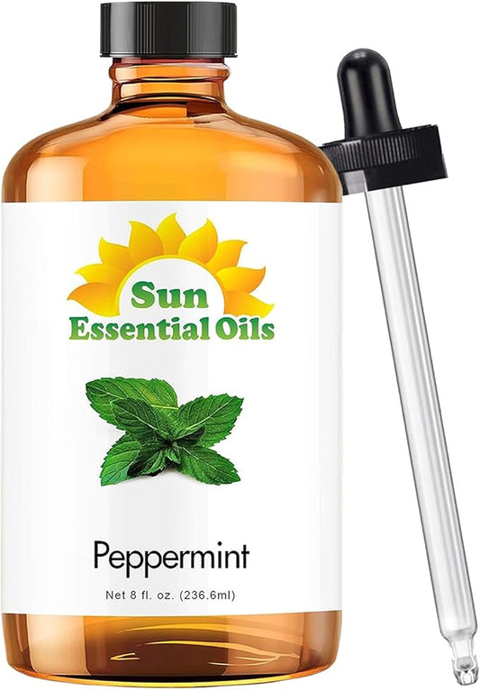 Sun Essential Oils - Peppermint Essential Oil (8 oz) with Dropper for Diffuser, Humidifier, Skin & Aromatherapy Body Massage, Candle & Soap Making for Home
