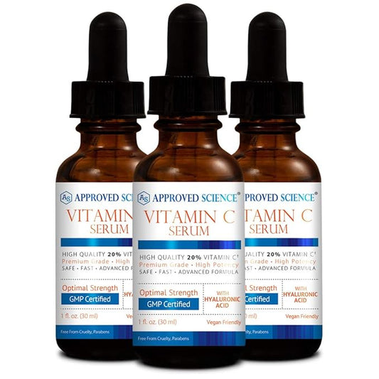 Approved Science® Vitamin C Serum for Face and Skin - 20% Vitamin C, Sodium Hyaluronate, Vitamin E - Vegan Friendly - 3 Serums