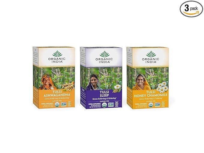 ORGANIC INDIA Iced Tulsi Tea Bags Variety Pack - Assorted Tea, Holy Basil, Ashwaganda, Sleep, Honey Chamomile - Adaptogen, Vegan, USDA Certified Organic, Non-GMO - 18 Infusion Bags per Box (Pack of 3)