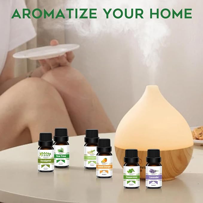 Essential Oils Set - Top 6 Aromatherapy Oils Gift Set, 6 Pack, 10ml (Peppermint, Tea Tree, Lavender, Eucalyptus, Lemongrass, Orange) for Diffusers, Home Fragrance, Massage