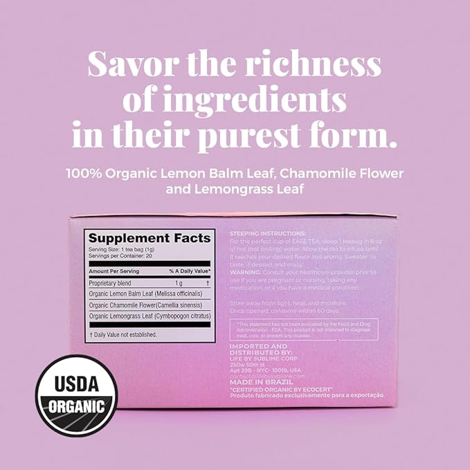 Life by Sublime - Ease USDA Organic Lemon Balm Chamomile Tea, 20 Tea Bags, Caffeine-Free, Promotes Relaxation, Stress Relief, and Restful Nights, Premium Brazilian Harvest