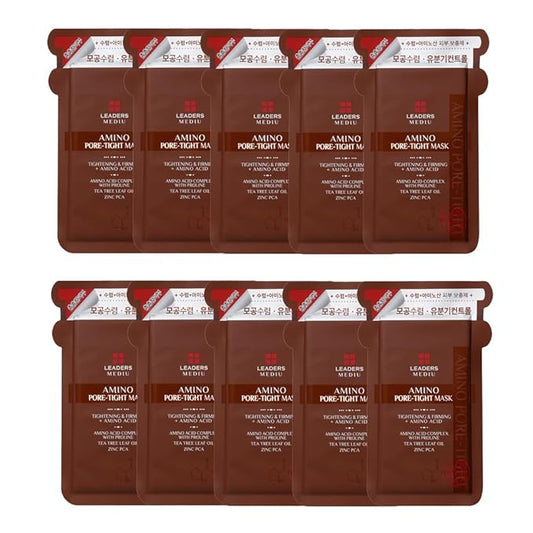 Leaders Mediu Amino Pore-Tight Facial Sheet Mask | Amino Acid Complex, Tea Tree Oil, Zinc PCA for Acne-Prone, Oily Skin, Minimizes Pores, Matte Finish (10 Sheets)
