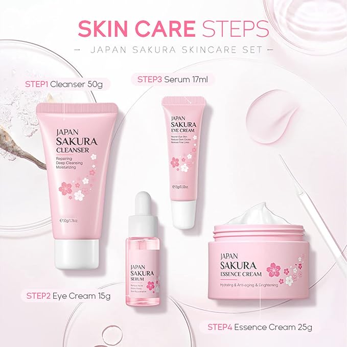 Skin Care Set - Sakura Skin Care Sets & Kits - Women Gift Sets with Cleanser,Serum,Eye Cream,essence Cream - Beauty Products For Women - Skin Care Routine Travel Kit (SetB)