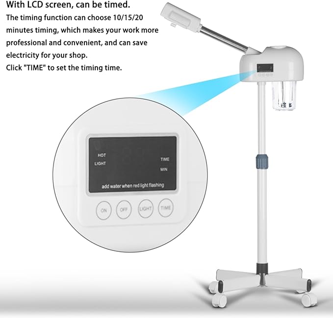 Stand Ozone Professional Facial Steamer with Digital Display, Adjustable Height & Rolling Base, Timer Function, 360° Rotatable Nozzle, Hot Mist Function, Use for Home, Salon SPA (White)