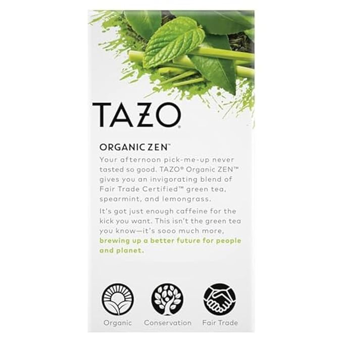 TAZO Organic Zen Green Tea, Caffeinated Tea with Refreshing Lemongrass & Spearmint, 16 Total Bags
