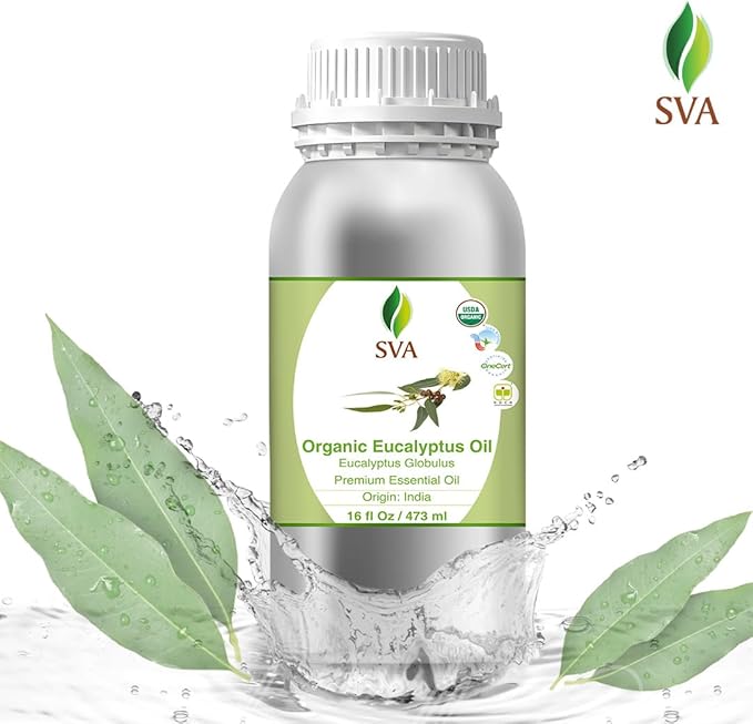SVA Eucalyptus Essential Oil Organic – 16 Fl Oz – 100% Natural Organic Eucalyptus Oil for Hair, Face, Skin Care, Diffuser, Aromatherapy, Scalp, Body Massage, Soap and Candle Making