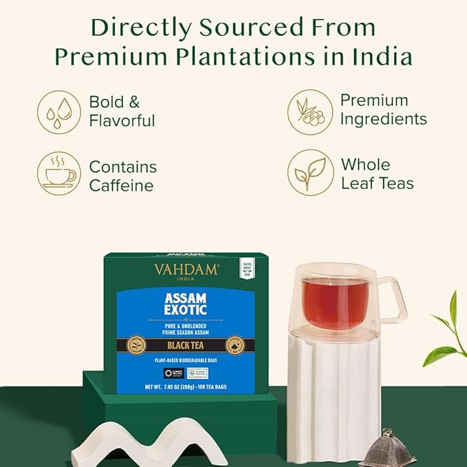 VAHDAM, Assam Exotic Black Tea Bags (100 Count) High Caffeine, Gluten Free, Full Bodied | Pyramid Tea Bags | Strong, Robust & Flavoury | Direct from Source