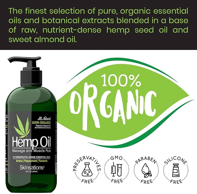 Skinsations – Hemp Massage Oil & Sore Muscle Rub | 100% Organic, 10 Essential Oils for Natural Relief, Arnica, Turmeric, Peppermint, Lavender in a Sweet Almond Oil and Hemp Seed Oil Base
