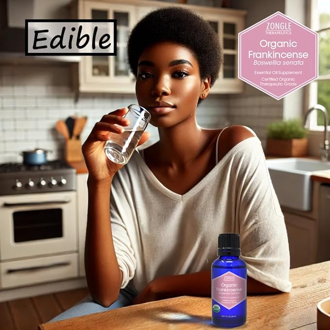 Organic, Frankincense Essential Oil, Food Grade, for Face, Pain Relief – 100% Pure, Frankincense, Resin, Oil, Boswellia Serrata, Edible, by Zongle Therapeutics, 1 OZ