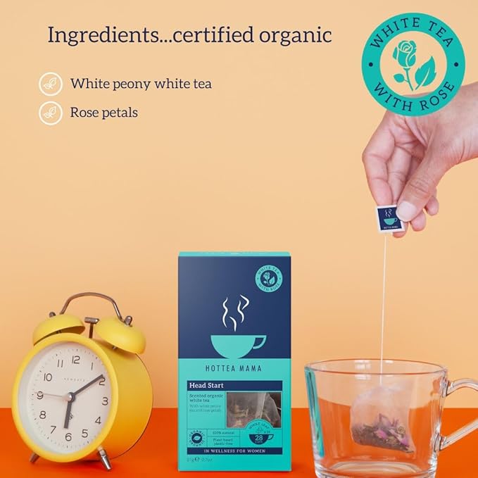 HOTTEA MAMA Head Start an Organic White Tea and Rose herbal blend | A Slow Release Caffeine Blend a l-theanine tea | Supporting Alertness & Brain fog | 14 Pyramid Sachets per box