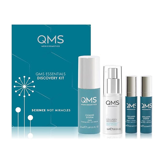 QMS Medicosmetics Essentials Discovery Kit – Cleansing, Refining + Moisturizing – Includes Gentle Cleansing Milk, Collagen Day + Night Serums & Collagen Recovery Day + Night Cream