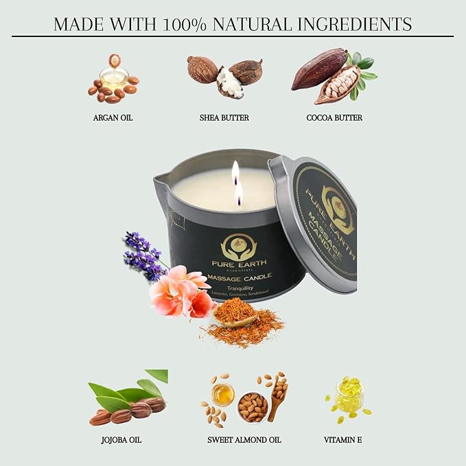 Tranquility Massage Candle - Valentines Gift, Skin Moisturizing Massage Oil Candles for Couples Date Night (160 Grams or 6 oz.) with Lavender, Geranium, Sandalwood - by PURE EARTH essentials