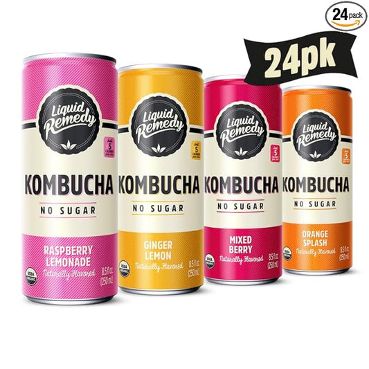 Liquid Remedy Kombucha Sugar Free Organic Drink, Low Calorie, Probiotic Like Tea for Gut Health - Fan Favorites Variety Pack - 8.5 Fl Oz Can, 24-Pack