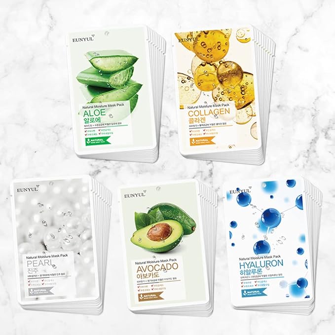 EUNYUL [PACK OF 50] Natural Sheet Mask Pack 5 types x 10 set/Aloe, Collagen, Pearl, Hyaluron, Avocado