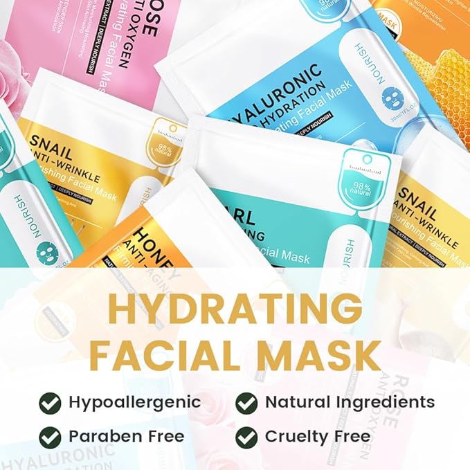 Snail Face Masks Skincare,Facial Mask Skin Care Korean,Nourish,Deep Moisturizing,Atural Skin Care Spa Face Mask,Hydrating Smoothing Face Masks for Women Men,for All Skin Types 6 Pack