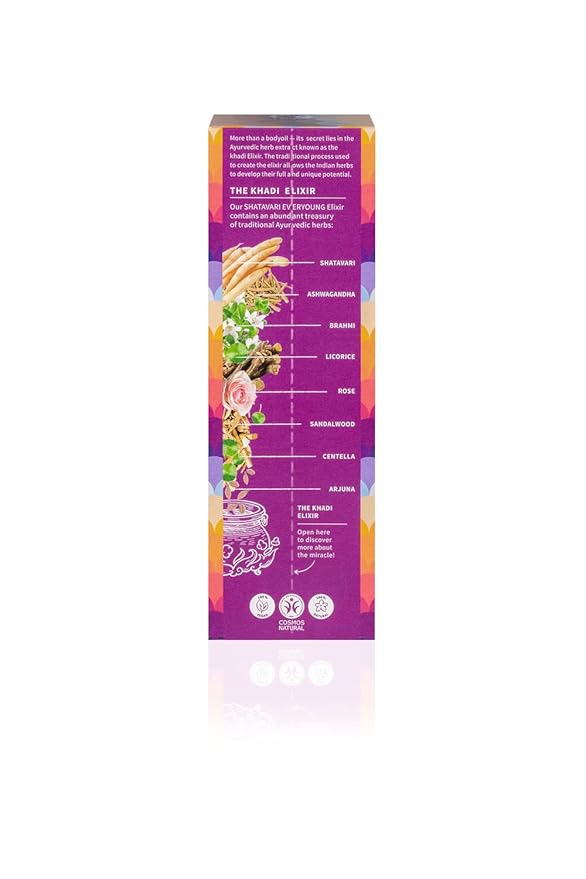 KHADI SHATAVARI EVERYOUNG Ayurvedic Elixir Skin & Soul Body Oil, 100% Natural, Herbal & Vegan, Firming oil for your skin, refines, renews, and promotes elasticity, 3.38 oz
