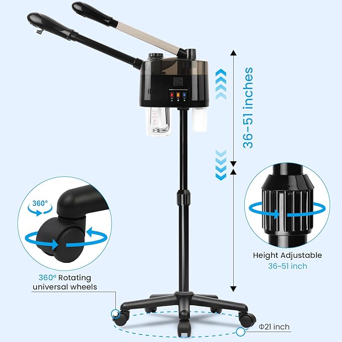 Professional Facial Steamer with Ozone, Hot&Cold Mist Facial Steamer, Facial Humidifier on Wheels, Esthetician Steamer for Facial Deep Cleaning and Moisturize, Suitable for Spa, Salon and at Home Use