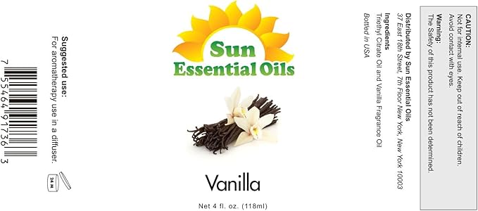 Sun Essential Oils - Vanilla Essential Oil 4 oz with Dropper for Diffuser, Skin, Hair, Humidifier & Aromatherapy Massage, Scent for Candle, Lotion & Soap Making & Room Freshener