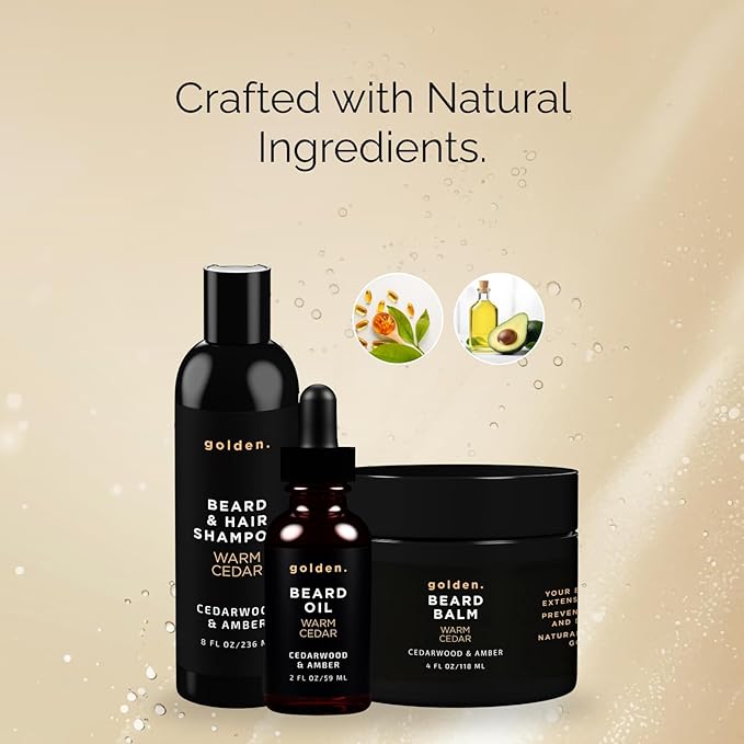 Golden Grooming Co. Everyday Beard Bundle – Complete Beard Care Set | Includes Beard Oil, Balm & Shampoo (XL, Warm Cedar)