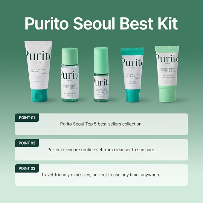PURITO SEOUL Best Kit - Skincare Routine with Panthenol Cleanser & Cream, Unscented Centella Serum & Toner, For All Skin Types, Gift Set, For Face, Facial Serum, K-Beauty, 3.52 fl. oz.