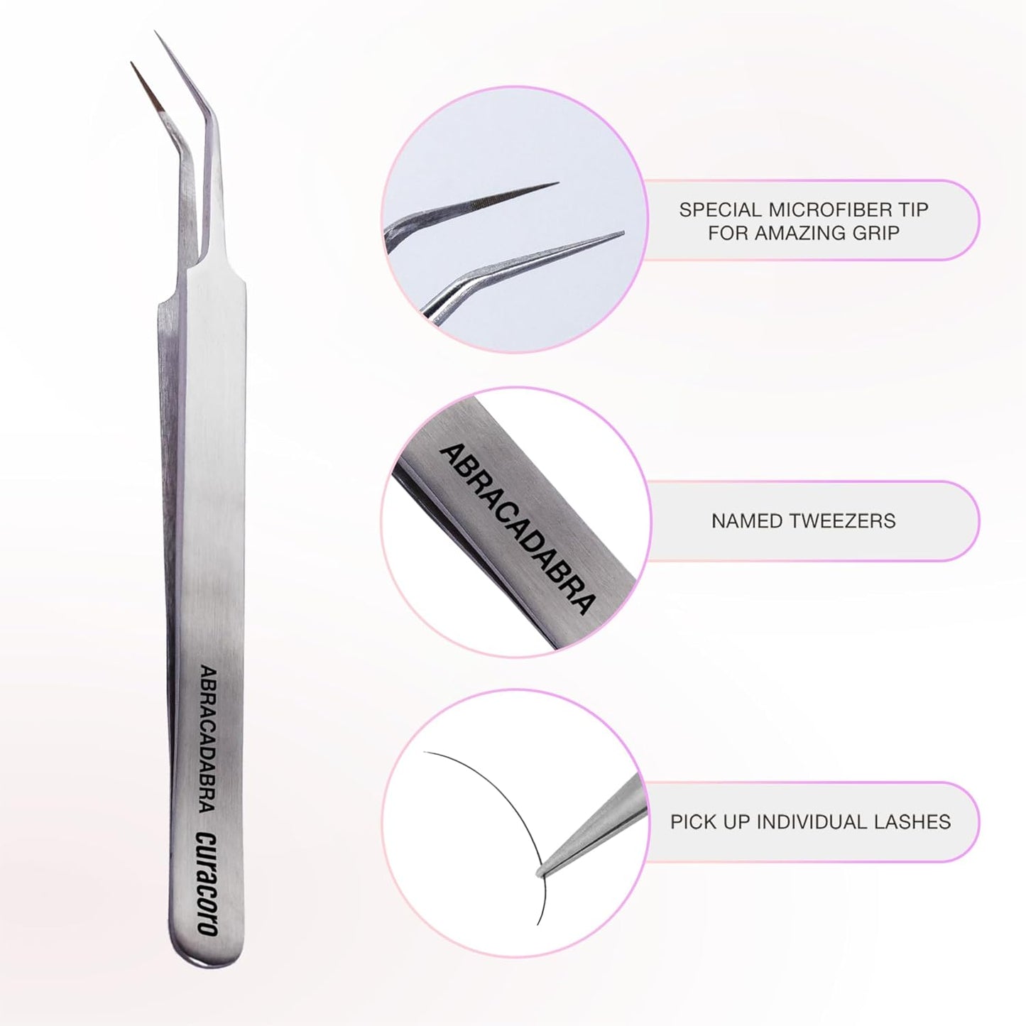 Curacoro Lash Tweezer - Professional & Precision Fiber Tip Grip Lash Tweezers for Eyelash Extensions, Multi Shapes & Purposes Tweezers for Volume, Isolation & Classic Lashes (Silver, Abracadabra)
