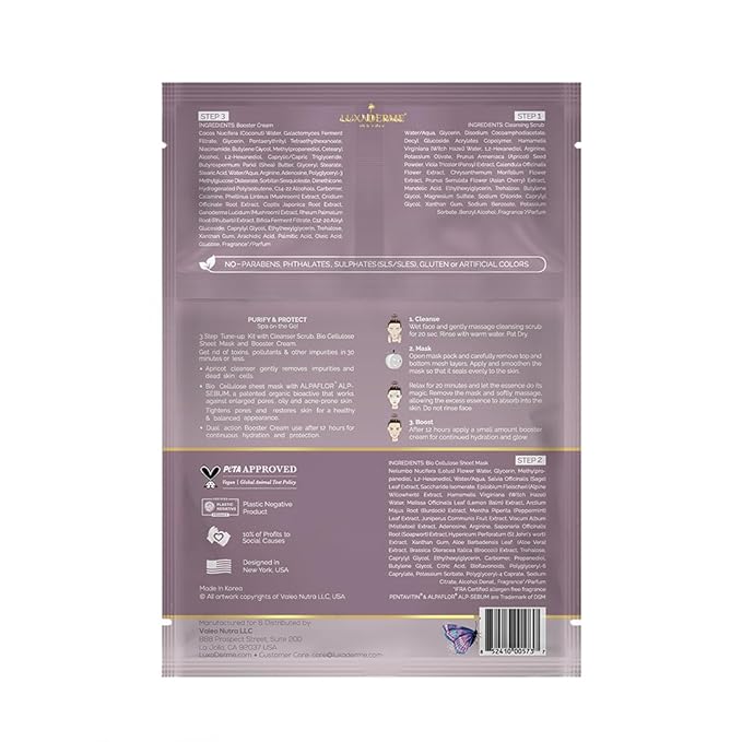 LuxaDerme Purify & Protect 3 Step Tune-Up Kit - Cleansing Scrub, Bio Cellulose Sheet Mask, Booster Cream