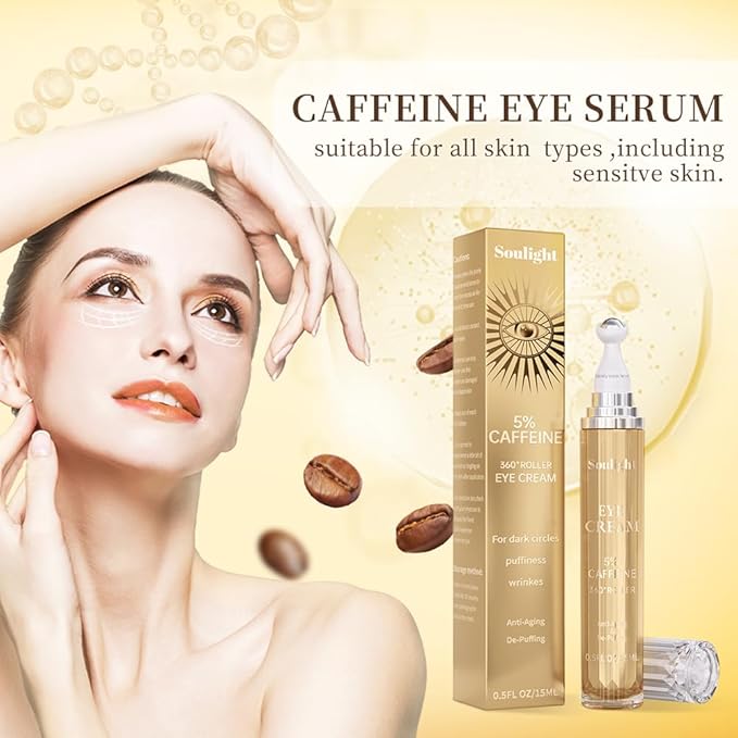Soulight 5% Caffeine Eye Serum for Dark Circles, Puffiness & Wrinkles - Brightening Under Eyes Treatment with Hyaluronic Acid & Niacinamide - Hydrating & Firming Eye Cream for Sensitive Skin