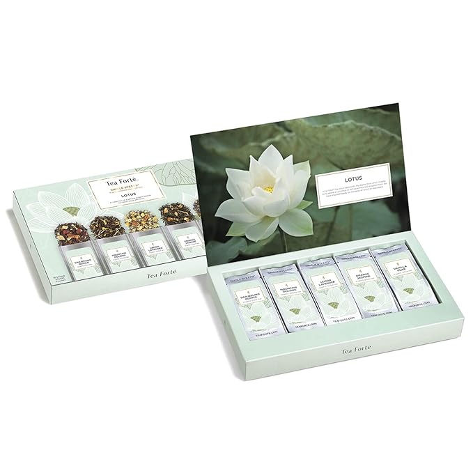 Tea Forte Lotus Single Steeps Loose Leaf Premium Mother's Day Tea Gift Set Sampler, 15 Count 3 of Each Assorted Blends, Pre-Portioned Single Serve Pouches, Steeps 12 oz
