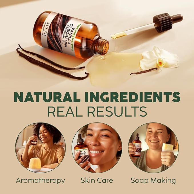 Kukka Vanilla Essential Oil for Diffuser & Skin - 4 Fl Oz - 100% Natural Vanilla Oleoresin Essential Oil - Long Lasting Perfume - Mother's Day Gift Soap Making Scent & DIY