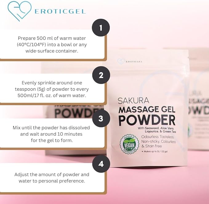 Japanese Nuru Massage Gel Powder 50g - Sakura Edition | Resealable Sachet | Aloe Vera, Seaweed, Liquorice, & Green Tea | Made in Japan | Odorless, Tasteless, Stain-Free | Makes Up to 1.32 Gal of Gel