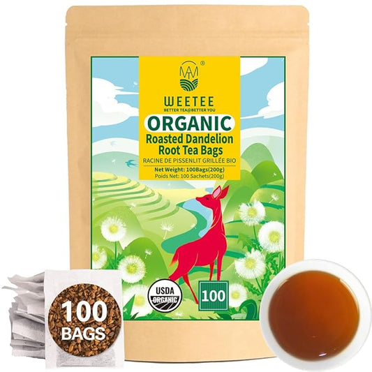 WT WEETEE Organic Roasted Dandelion Root Tea Bags, Dandelion Herbal Tea 100 Count, Caffeine Free, Support Healthy, Vitamins Rich