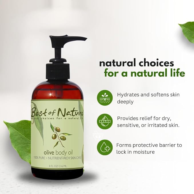Best of Nature 100% Pure Olive Massage & Body Oil – Cold Pressed, Natural & Unscented Moisturizer for Skin, Hair & Bath, 8 fl oz