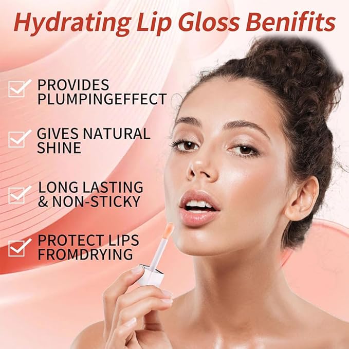 Plumping Lip Oil, Hydrating Gloss Tinted Lip Balm Transparent Lip Care, Big Brush Head Glitter Shine, Long Lasting Nourishing Non-sticky Fresh Texture(2PCS PINK)