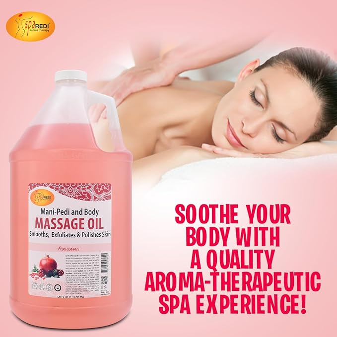 SPA REDI - Massage Oil, Pomegranate, 128 Oz - Professional Full Body Massage Therapy, Made with Almond Oil, Cotton Seed Oil, Sunflower Oil, Avocado Oil, Essential Oils and Vitamin E