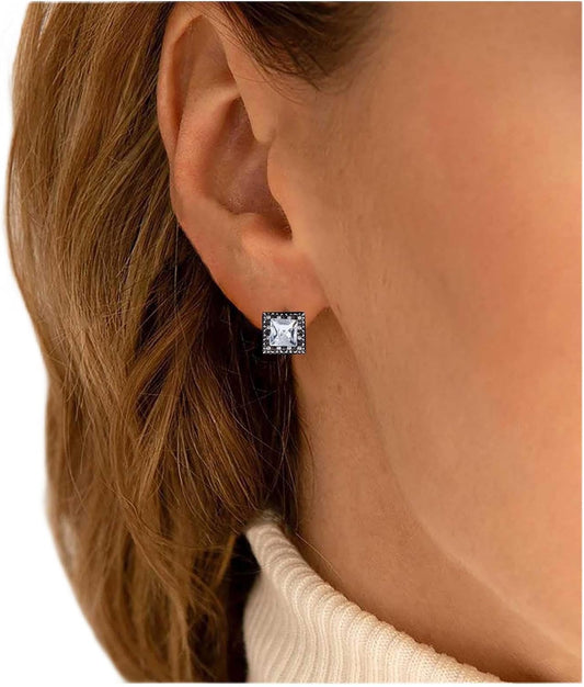 Boho Tiny Crystal Square Earrings Silver Cz Square Earrings Cz Rhinestone Square Stud Earrings Silver Geometric Earrings Jewelry for Women and Girls