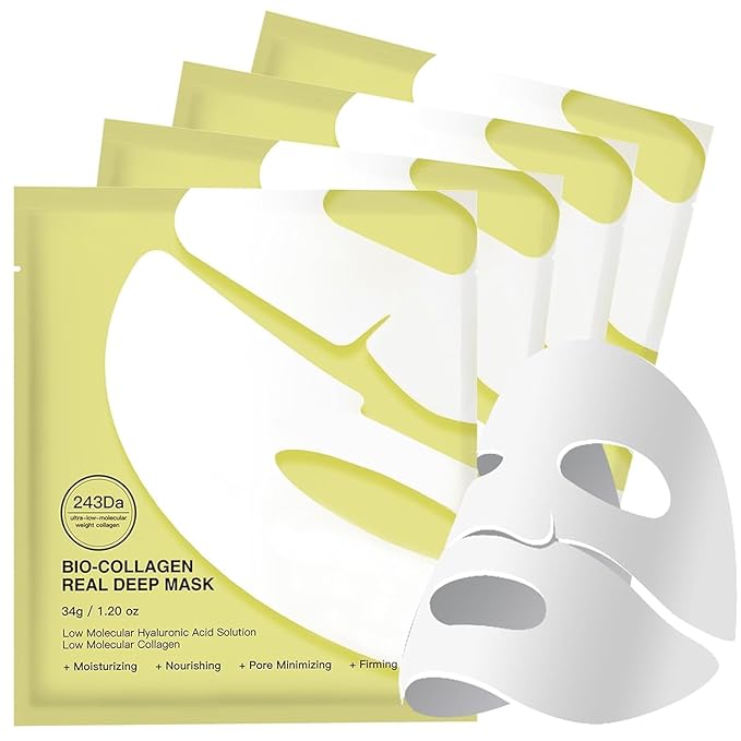 Bio-Collagen Overnight Collagen Face Mask, Deep Collagen Anti-Wrinkle Lifting Glass Glow Face Mask for Moisturizing, Firming, Glowing Skin Care, Bio Collagen Sheet Mask for All Skin Types, 4 Packs