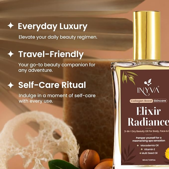 Elixir Radiance 3-in-1 Luxurious Dry Beauty Oil for Face, Body, & Hair - Vitamin E & Macadamia Oil -Hydrating, Non Greasy & Lightweight - Radiant Glow - 3.38 Oz