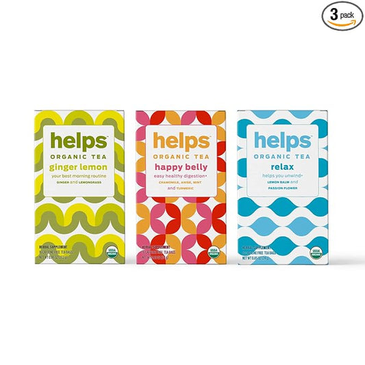 Helps Teas | Ginger Lemon, Happy Belly & Relax Tea Mix | Promotes Healthy Digestion Naturally Caffeine-Free | 16 Tea Bags Each