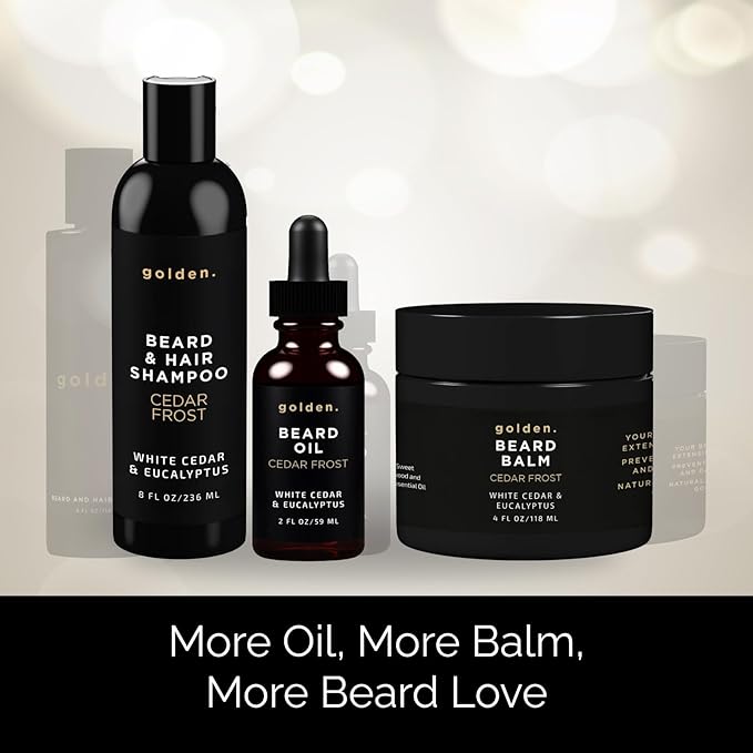 Golden Grooming Co. Everyday Beard Bundle – Complete Beard Care Set | Includes Beard Oil, Balm & Shampoo (XL, Cedar Frost)