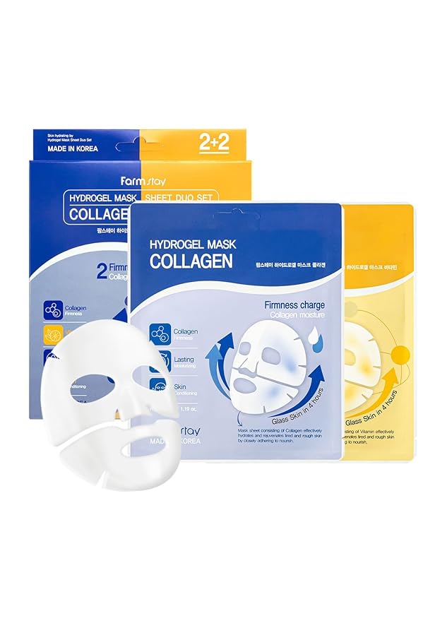 FARMSTAY Hydrogel Face Mask Duo – Collagen + Vitamin – Melting Gel Sheet for Deep Hydration, Firming & Radiance | Non-Slip Overnight Pack for Restorative At-Home Skincare | 4 Sheets(2 ea*each)