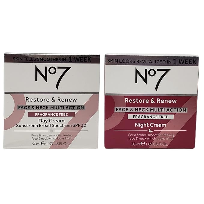 No. 7 No Restore and Renew Face Neck Multi Action Fragrance Free Cream - Day Night Bundle 1.69 fl oz Each by SPF 30 in 2 Pack (1.69 Ounce) jt56191